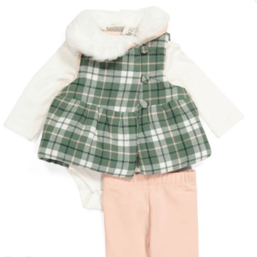 NWT Max Studio Newborn Girls 3pc Plaid Vest Set